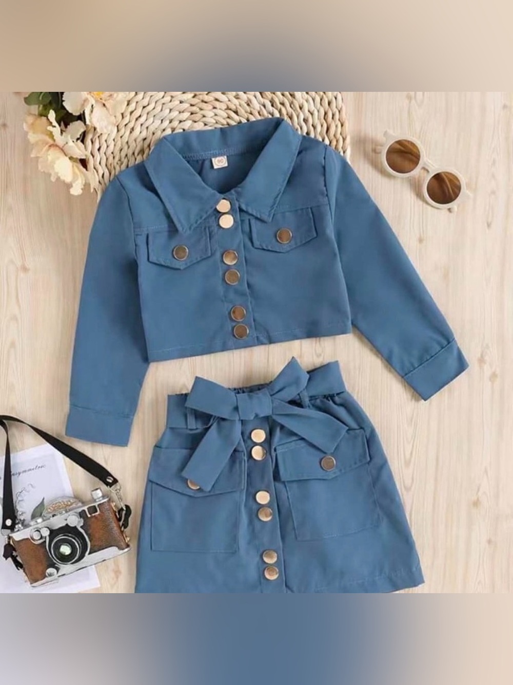 🆕 Kids' Blue Button-Front Crop Jacket & Skirt Set